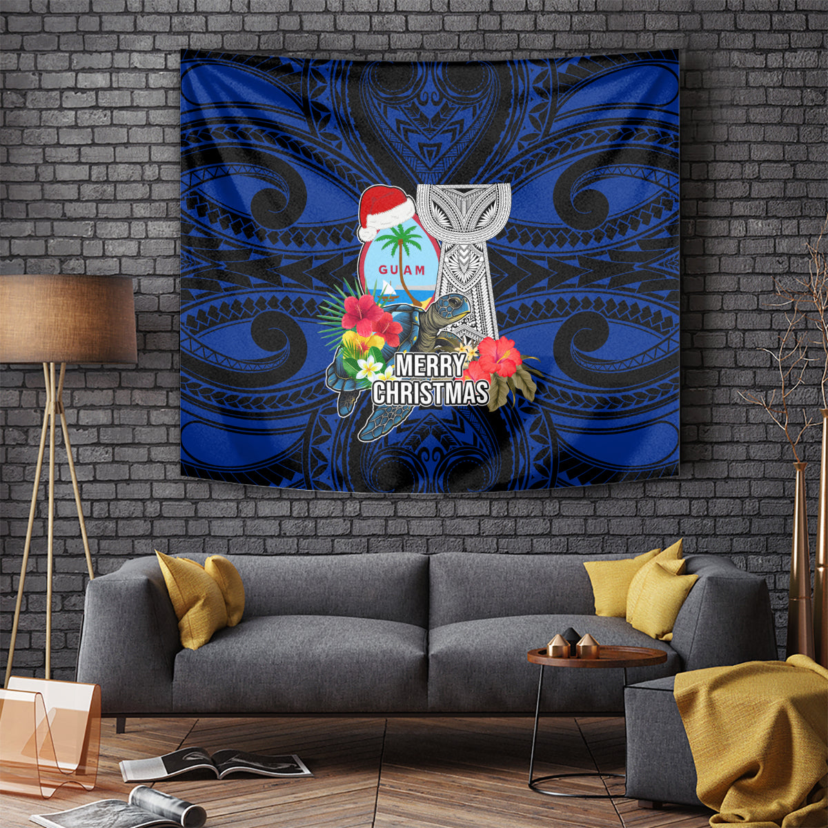 Guam Christmas Tapestry Santa Gift Latte Stone and Sea Turle Mix Hibiscus Chamorro Blue Style LT03 - Polynesian Pride