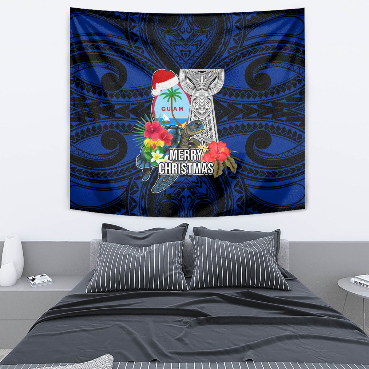 Guam Christmas Tapestry Santa Gift Latte Stone and Sea Turle Mix Hibiscus Chamorro Blue Style LT03 - Polynesian Pride