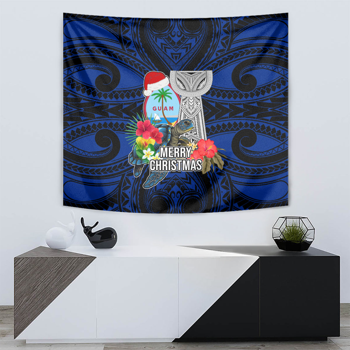 Guam Christmas Tapestry Santa Gift Latte Stone and Sea Turle Mix Hibiscus Chamorro Blue Style LT03 - Polynesian Pride