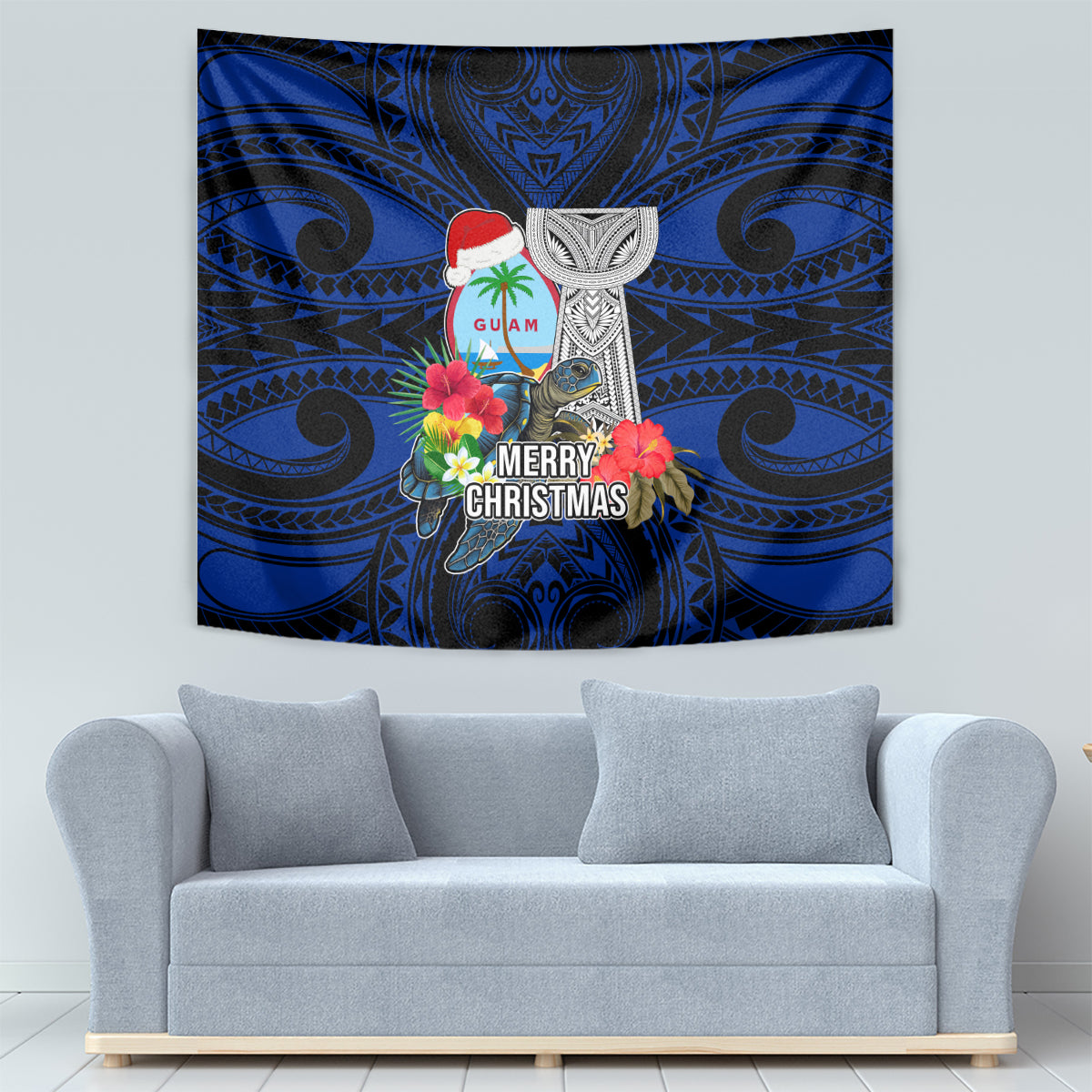 Guam Christmas Tapestry Santa Gift Latte Stone and Sea Turle Mix Hibiscus Chamorro Blue Style LT03 - Polynesian Pride