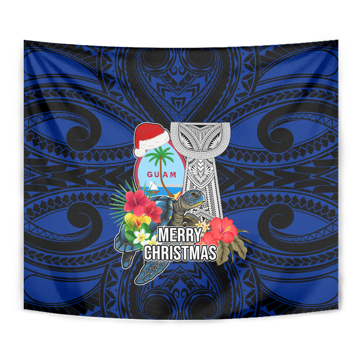 Guam Christmas Tapestry Santa Gift Latte Stone and Sea Turle Mix Hibiscus Chamorro Blue Style LT03 - Polynesian Pride