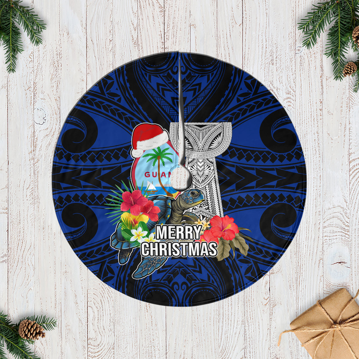 Guam Christmas Tree Skirt Santa Gift Latte Stone and Sea Turle Mix Hibiscus Chamorro Blue Style LT03 Casual Tree Skirts Blue - Polynesian Pride