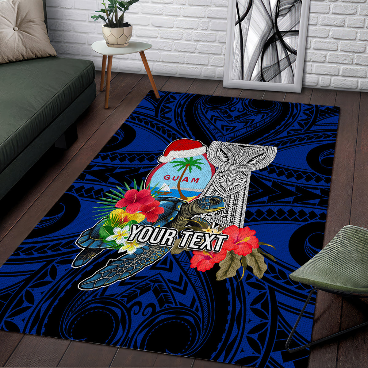 Custom Guam Christmas Area Rug Santa Gift Latte Stone and Sea Turle Mix Hibiscus Chamorro Blue Style LT03 red - Polynesian Pride