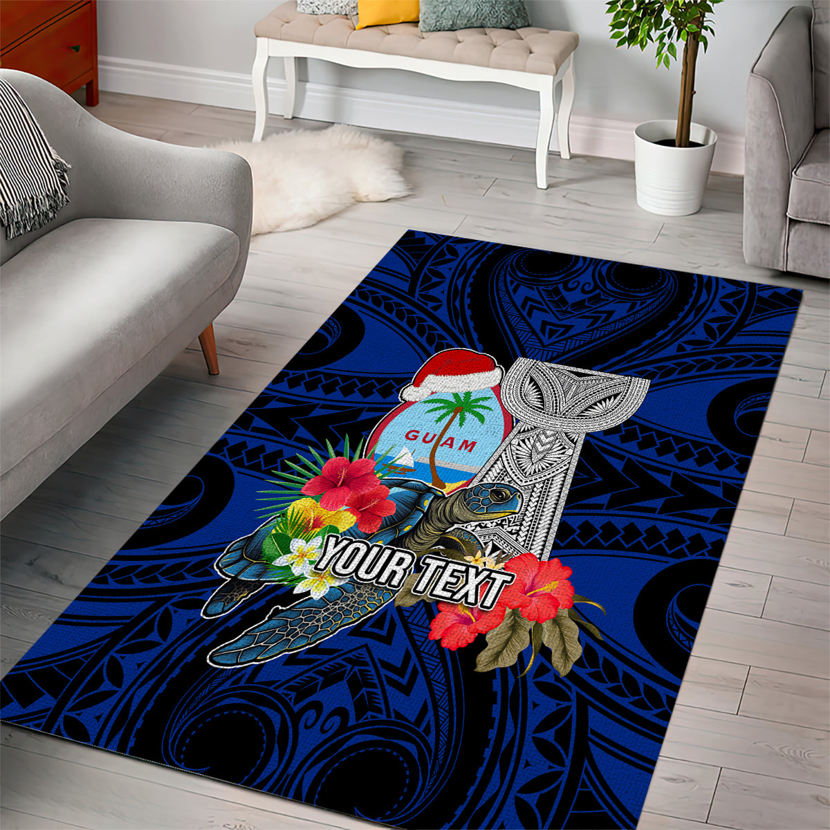 Custom Guam Christmas Area Rug Santa Gift Latte Stone and Sea Turle Mix Hibiscus Chamorro Blue Style LT03 - Polynesian Pride