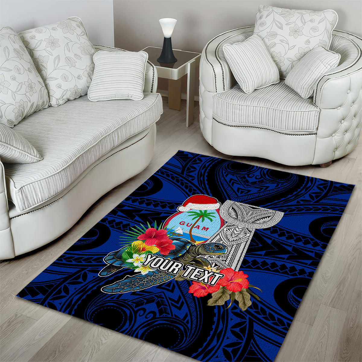Custom Guam Christmas Area Rug Santa Gift Latte Stone and Sea Turle Mix Hibiscus Chamorro Blue Style LT03 - Polynesian Pride