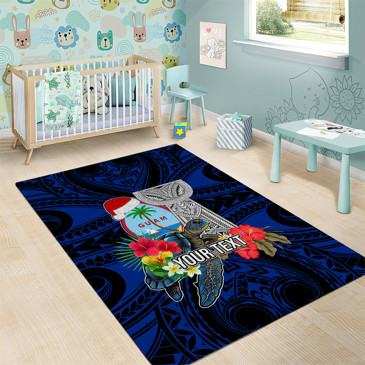 Custom Guam Christmas Area Rug Santa Gift Latte Stone and Sea Turle Mix Hibiscus Chamorro Blue Style LT03 - Polynesian Pride