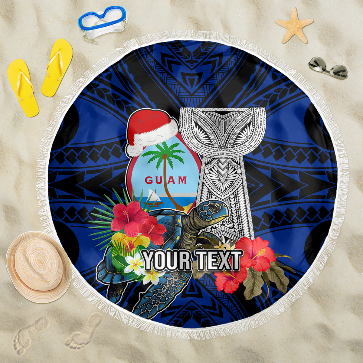 Custom Guam Christmas Beach Blanket Santa Gift Latte Stone and Sea Turle Mix Hibiscus Chamorro Blue Style LT03 One Size 150cm red - Polynesian Pride