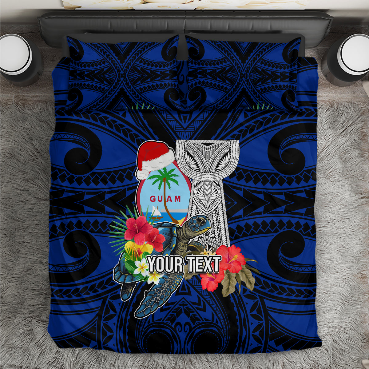 Custom Guam Christmas Bedding Set Santa Gift Latte Stone and Sea Turle Mix Hibiscus Chamorro Blue Style LT03 - Polynesian Pride
