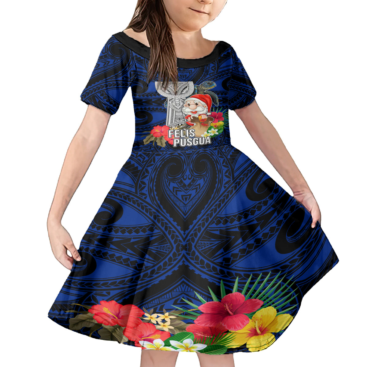 Custom Guam Christmas Kid Short Sleeve Dress Santa Gift Latte Stone and Sea Turle Mix Hibiscus Chamorro Blue Style LT03 KID Blue - Polynesian Pride