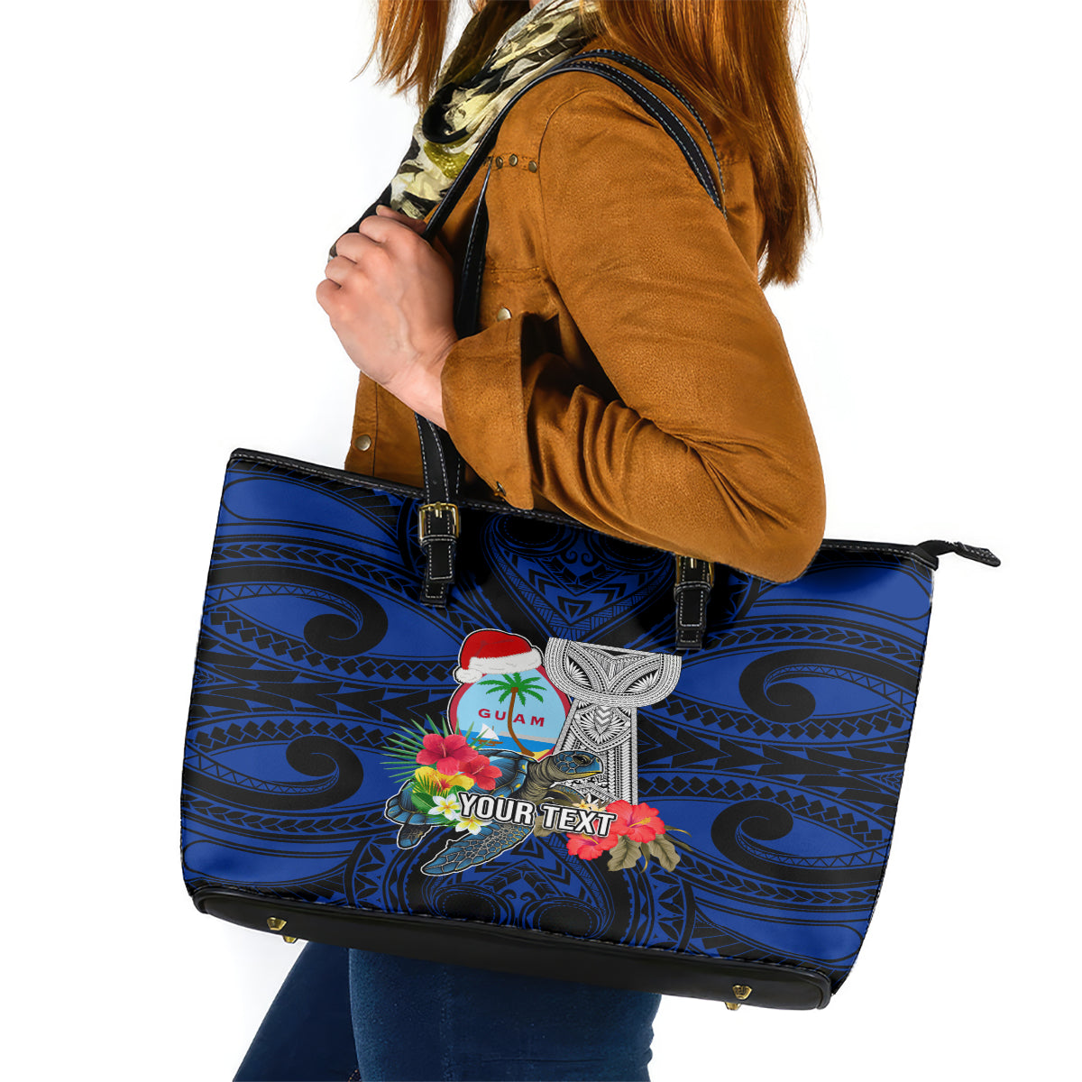 Custom Guam Christmas Leather Tote Bag Santa Gift Latte Stone and Sea Turle Mix Hibiscus Chamorro Blue Style LT03