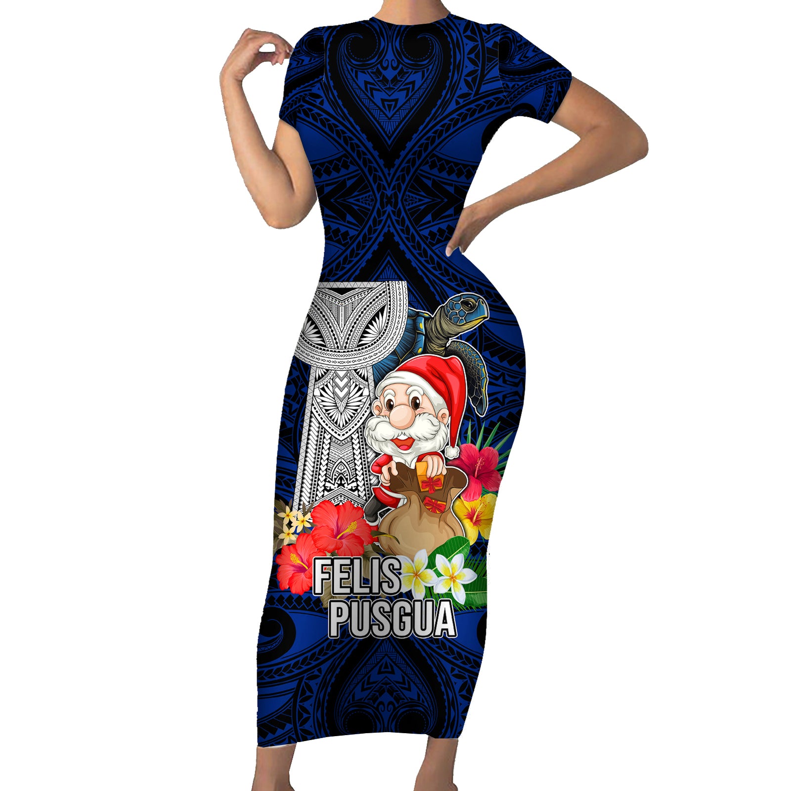 Custom Guam Christmas Short Sleeve Bodycon Dress Santa Gift Latte Stone and Sea Turle Mix Hibiscus Chamorro Blue Style LT03 Long Dress Blue - Polynesian Pride