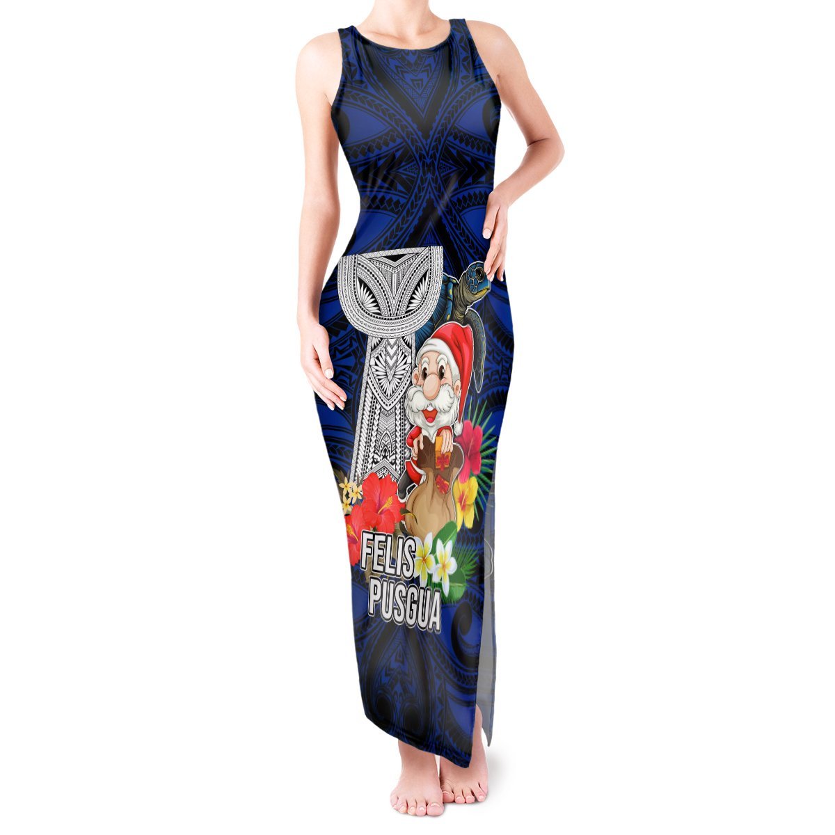 Custom Guam Christmas Tank Maxi Dress Santa Gift Latte Stone and Sea Turle Mix Hibiscus Chamorro Blue Style LT03 Women Blue - Polynesian Pride