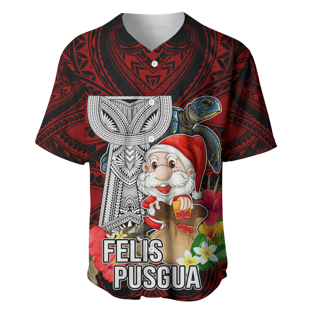 Guam Christmas Baseball Jersey Santa Gift Latte Stone and Sea Turle Mix Hibiscus Chamorro Red Style LT03 Red - Polynesian Pride