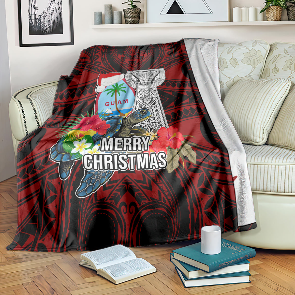 Guam Christmas Blanket Santa Gift Latte Stone and Sea Turle Mix Hibiscus Chamorro Red Style LT03 Red - Polynesian Pride