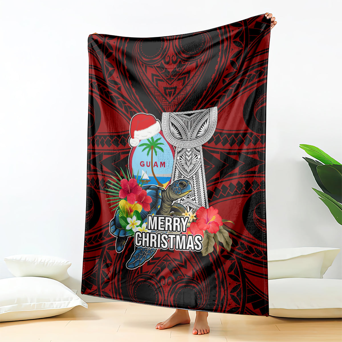 Guam Christmas Blanket Santa Gift Latte Stone and Sea Turle Mix Hibiscus Chamorro Red Style LT03 - Polynesian Pride