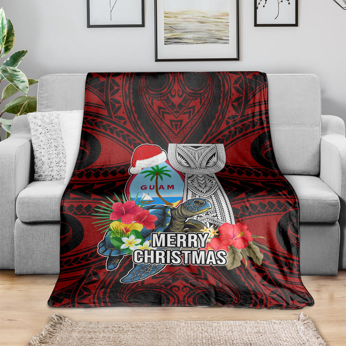 Guam Christmas Blanket Santa Gift Latte Stone and Sea Turle Mix Hibiscus Chamorro Red Style LT03 - Polynesian Pride