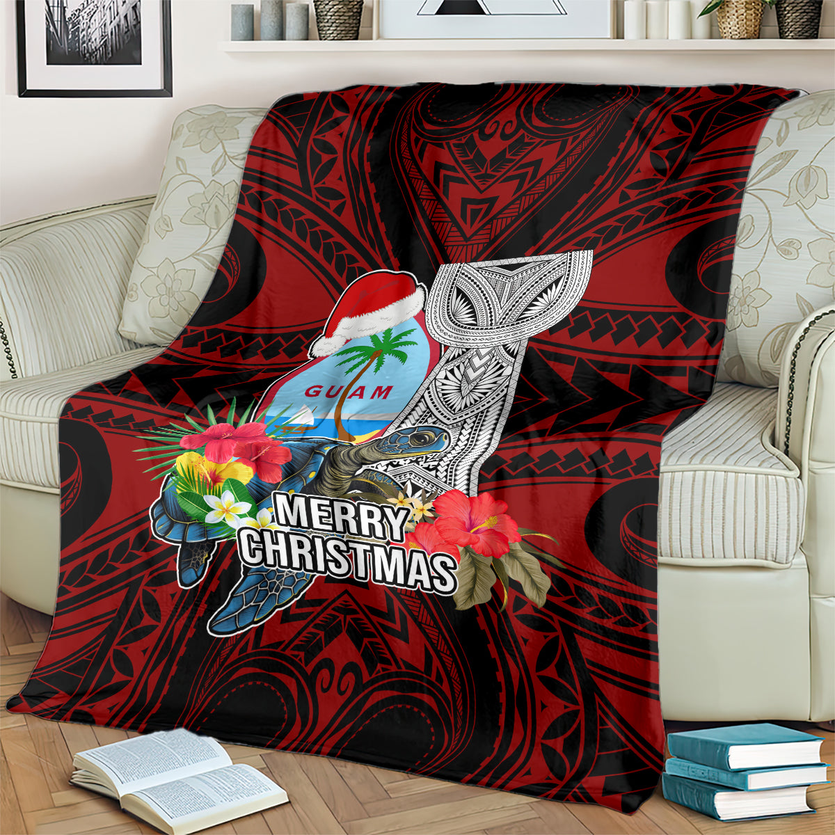Guam Christmas Blanket Santa Gift Latte Stone and Sea Turle Mix Hibiscus Chamorro Red Style LT03 - Polynesian Pride
