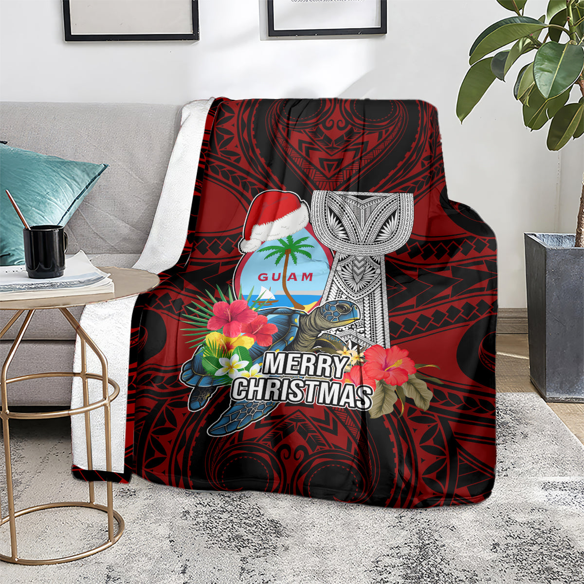 Guam Christmas Blanket Santa Gift Latte Stone and Sea Turle Mix Hibiscus Chamorro Red Style LT03 - Polynesian Pride