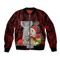 Guam Christmas Bomber Jacket Santa Gift Latte Stone and Sea Turle Mix Hibiscus Chamorro Red Style LT03 Unisex Red - Polynesian Pride