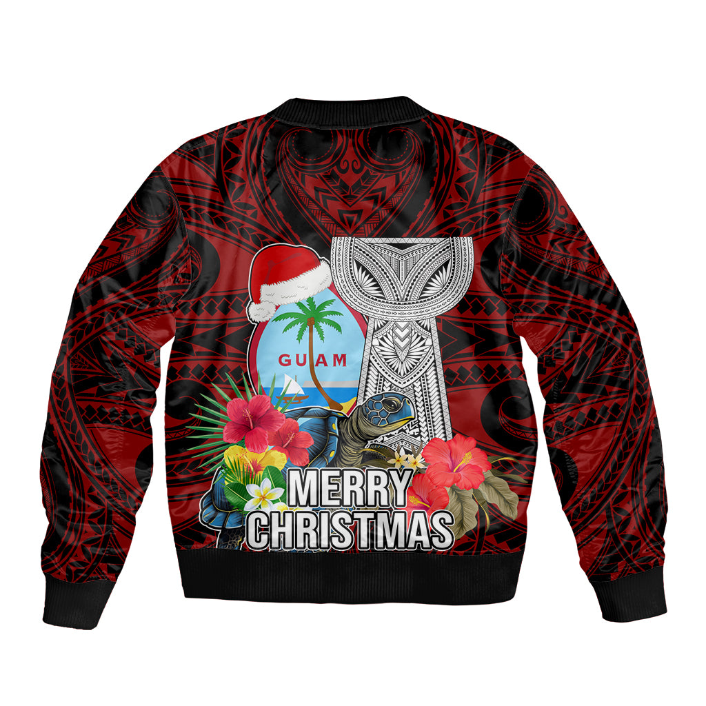 Guam Christmas Bomber Jacket Santa Gift Latte Stone and Sea Turle Mix Hibiscus Chamorro Red Style LT03 - Polynesian Pride