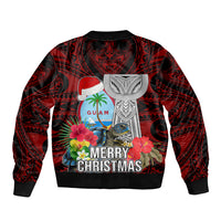 Guam Christmas Bomber Jacket Santa Gift Latte Stone and Sea Turle Mix Hibiscus Chamorro Red Style LT03 - Polynesian Pride