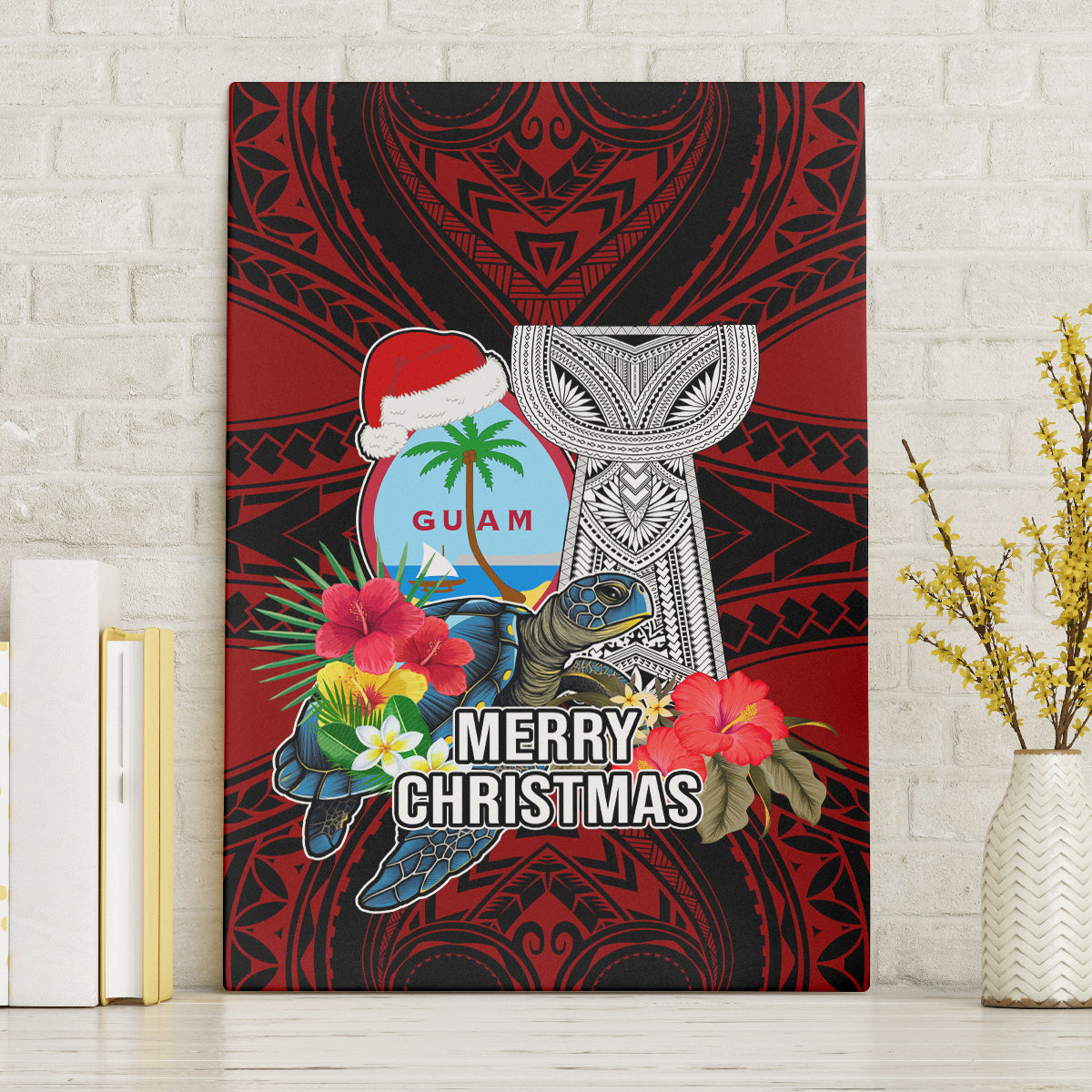 Guam Christmas Canvas Wall Art Santa Gift Latte Stone and Sea Turle Mix Hibiscus Chamorro Red Style LT03 - Polynesian Pride