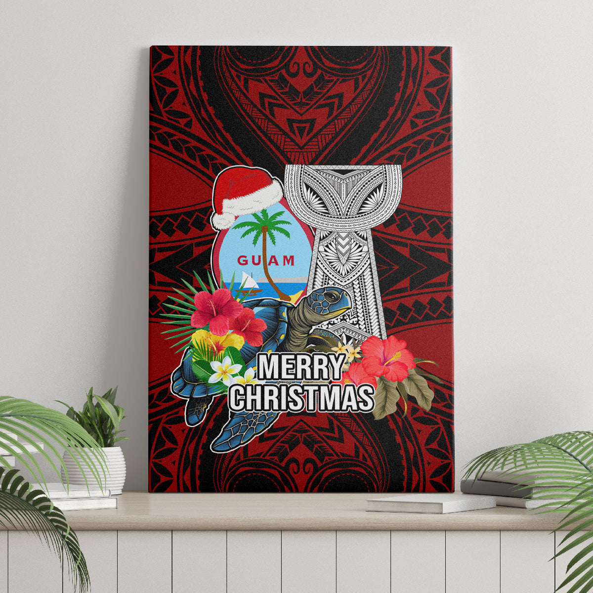 Guam Christmas Canvas Wall Art Santa Gift Latte Stone and Sea Turle Mix Hibiscus Chamorro Red Style LT03 - Polynesian Pride