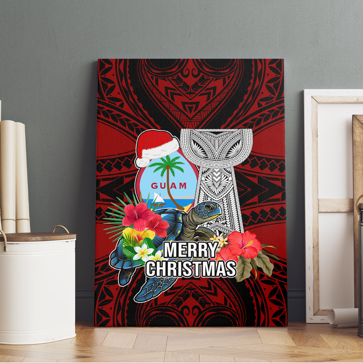 Guam Christmas Canvas Wall Art Santa Gift Latte Stone and Sea Turle Mix Hibiscus Chamorro Red Style LT03 - Polynesian Pride
