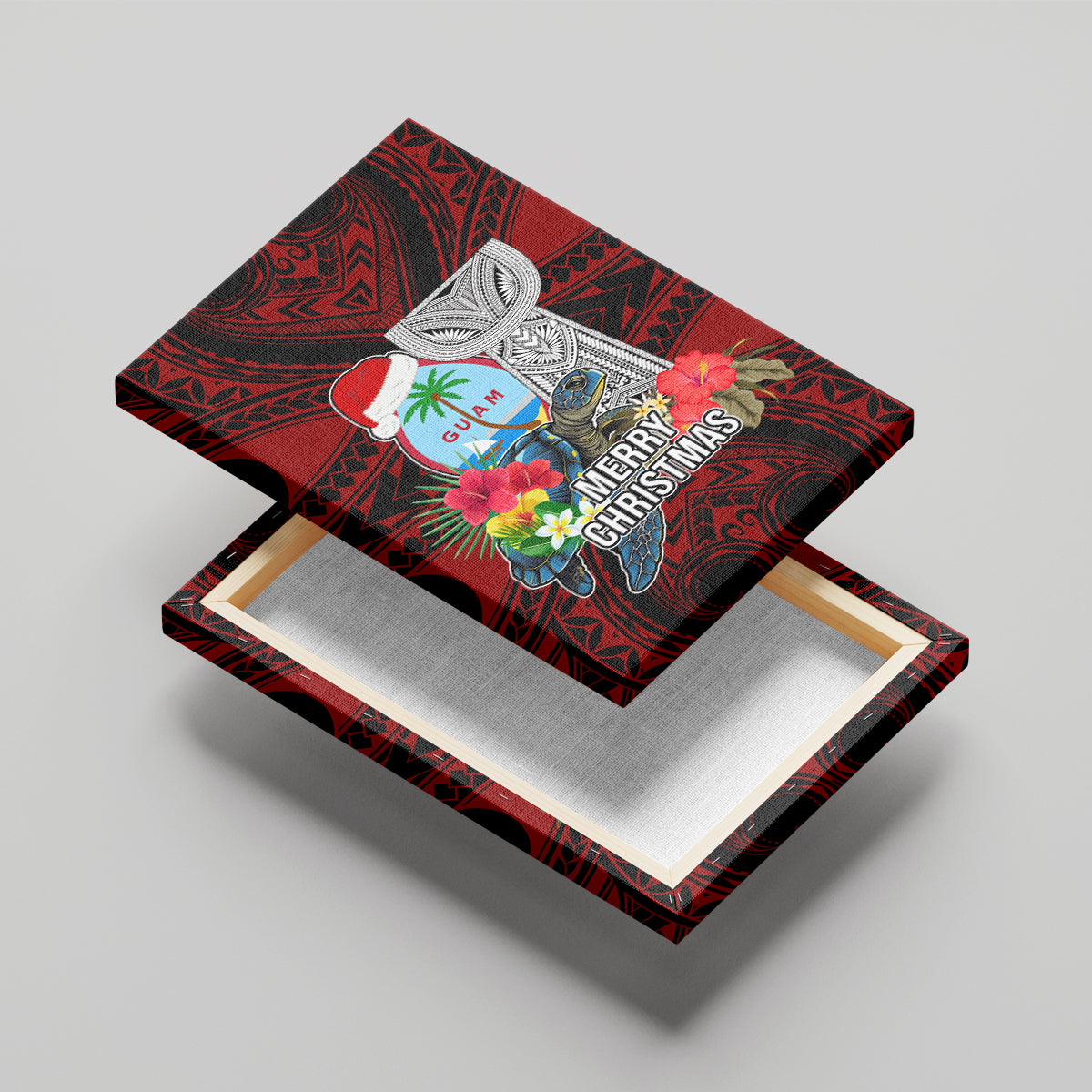 Guam Christmas Canvas Wall Art Santa Gift Latte Stone and Sea Turle Mix Hibiscus Chamorro Red Style LT03 - Polynesian Pride