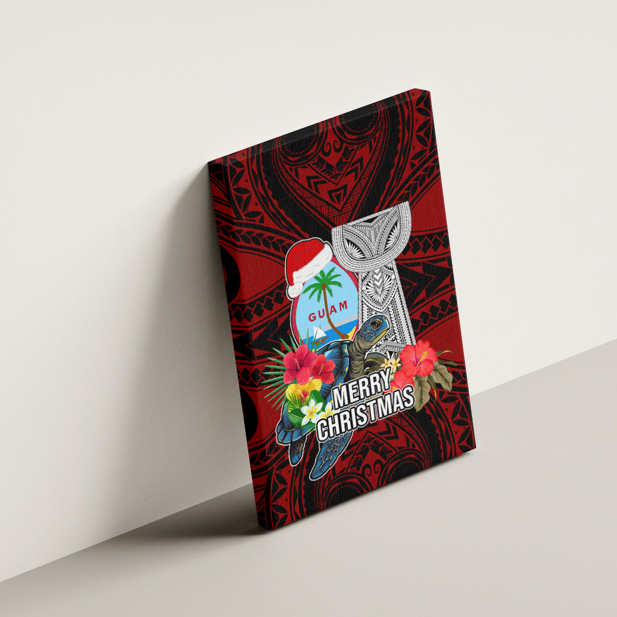 Guam Christmas Canvas Wall Art Santa Gift Latte Stone and Sea Turle Mix Hibiscus Chamorro Red Style LT03 - Polynesian Pride