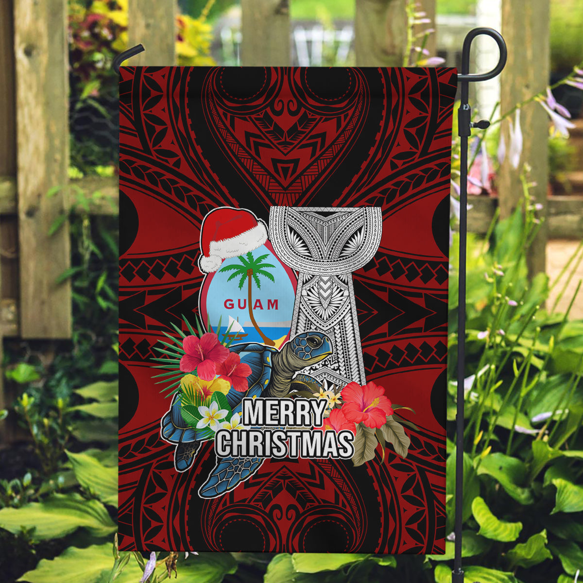 Guam Christmas Garden Flag Santa Gift Latte Stone and Sea Turle Mix Hibiscus Chamorro Red Style LT03 Garden Flag Red - Polynesian Pride