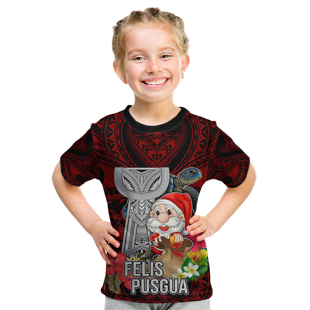 Guam Christmas Kid T Shirt Santa Gift Latte Stone and Sea Turle Mix Hibiscus Chamorro Red Style LT03 Red - Polynesian Pride