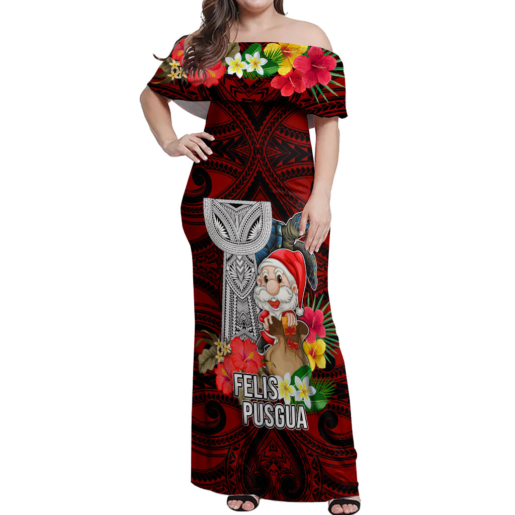 Guam Christmas Off Shoulder Maxi Dress Santa Gift Latte Stone and Sea Turle Mix Hibiscus Chamorro Red Style LT03 Women Red - Polynesian Pride