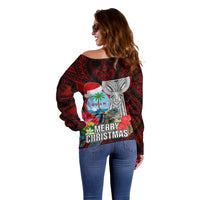 Guam Christmas Off Shoulder Sweater Santa Gift Latte Stone and Sea Turle Mix Hibiscus Chamorro Red Style LT03 - Polynesian Pride