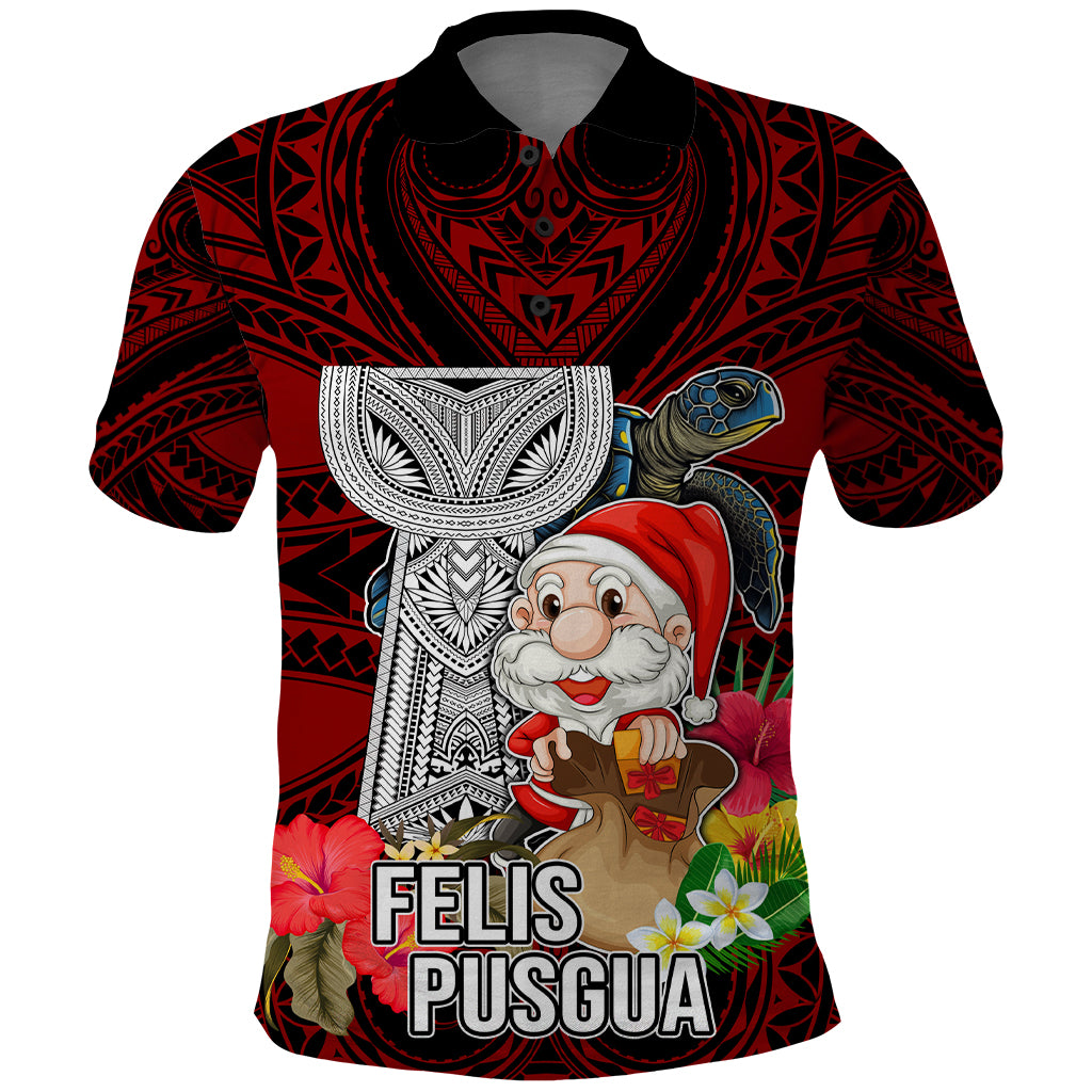 Guam Christmas Polo Shirt Santa Gift Latte Stone and Sea Turle Mix Hibiscus Chamorro Red Style LT03 Red - Polynesian Pride