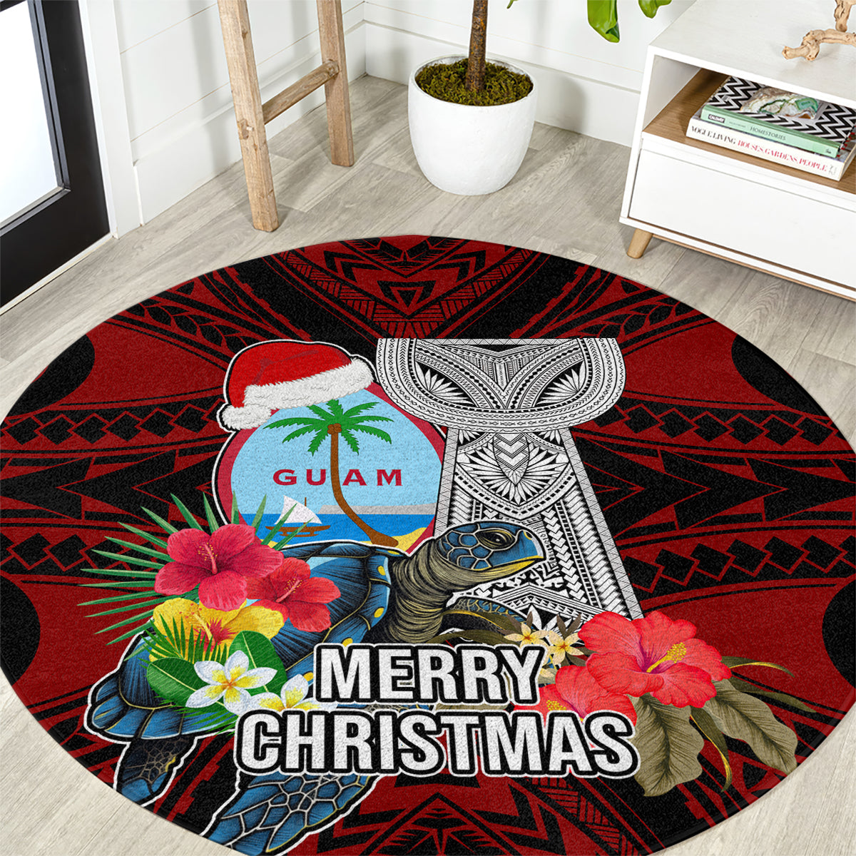 Guam Christmas Round Carpet Santa Gift Latte Stone and Sea Turle Mix Hibiscus Chamorro Red Style LT03 Red - Polynesian Pride