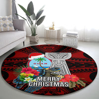 Guam Christmas Round Carpet Santa Gift Latte Stone and Sea Turle Mix Hibiscus Chamorro Red Style LT03 - Polynesian Pride