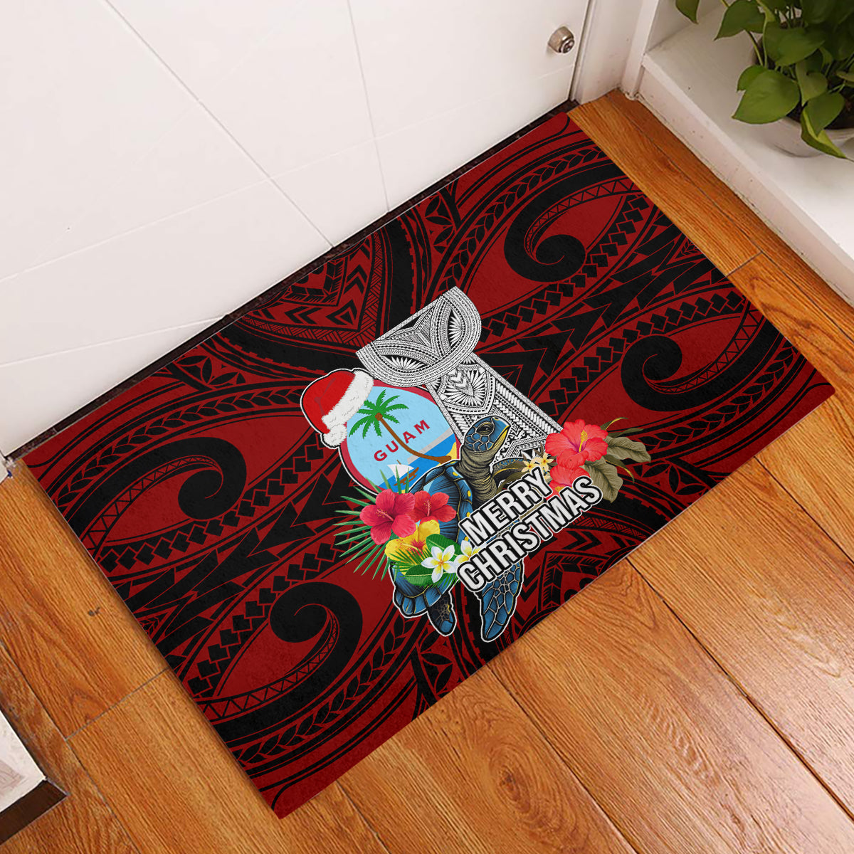 Guam Christmas Rubber Doormat Santa Gift Latte Stone and Sea Turle Mix Hibiscus Chamorro Red Style LT03 Red - Polynesian Pride