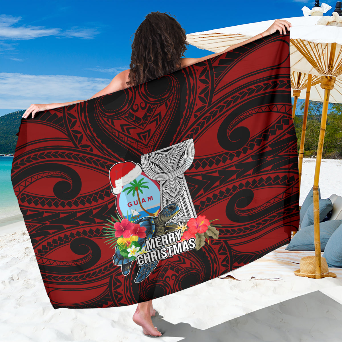 Guam Christmas Sarong Santa Gift Latte Stone and Sea Turle Mix Hibiscus Chamorro Red Style LT03 One Size 44 x 66 inches Red - Polynesian Pride