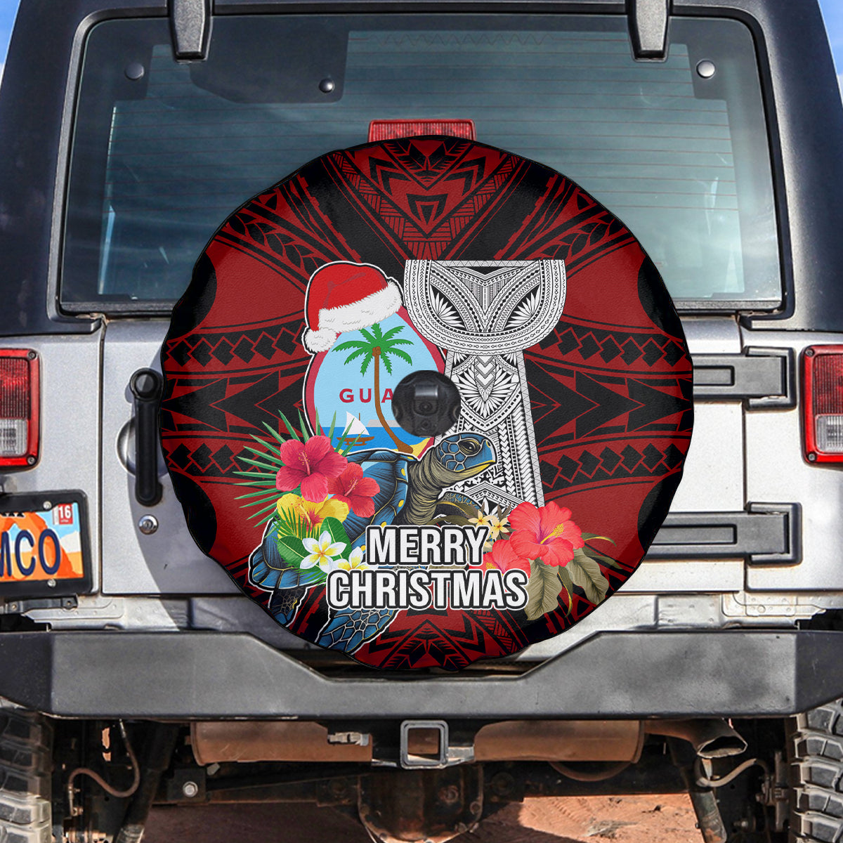 Guam Christmas Spare Tire Cover Santa Gift Latte Stone and Sea Turle Mix Hibiscus Chamorro Red Style LT03