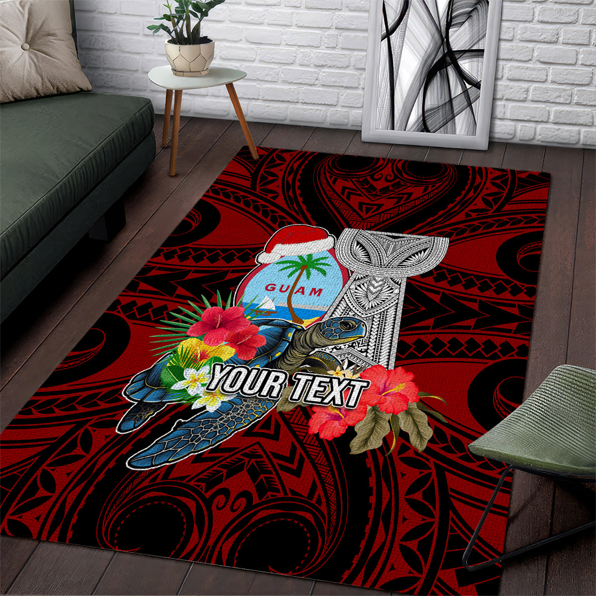 Custom Guam Christmas Area Rug Santa Gift Latte Stone and Sea Turle Mix Hibiscus Chamorro Red Style LT03 Red - Polynesian Pride