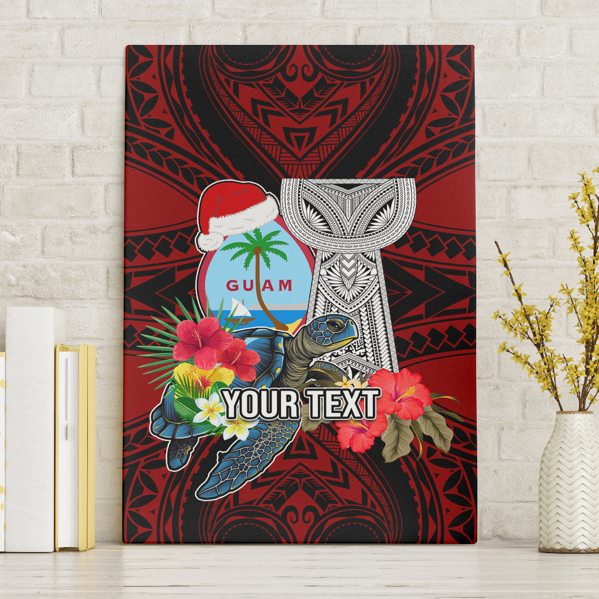 Custom Guam Christmas Canvas Wall Art Santa Gift Latte Stone and Sea Turle Mix Hibiscus Chamorro Red Style LT03 - Polynesian Pride