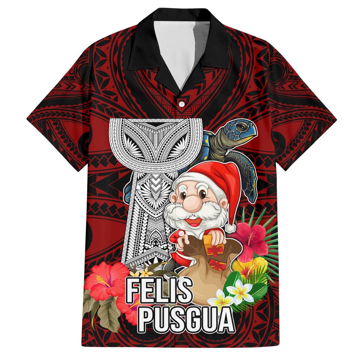 Custom Guam Christmas Hawaiian Shirt Santa Gift Latte Stone and Sea Turle Mix Hibiscus Chamorro Red Style LT03 Red - Polynesian Pride