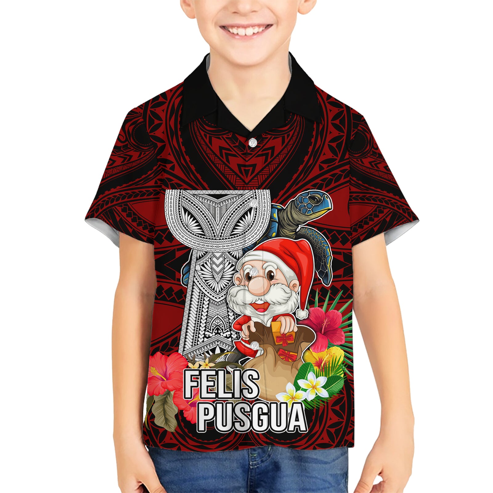 Custom Guam Christmas Kid Hawaiian Shirt Santa Gift Latte Stone and Sea Turle Mix Hibiscus Chamorro Red Style LT03 Kid Red - Polynesian Pride