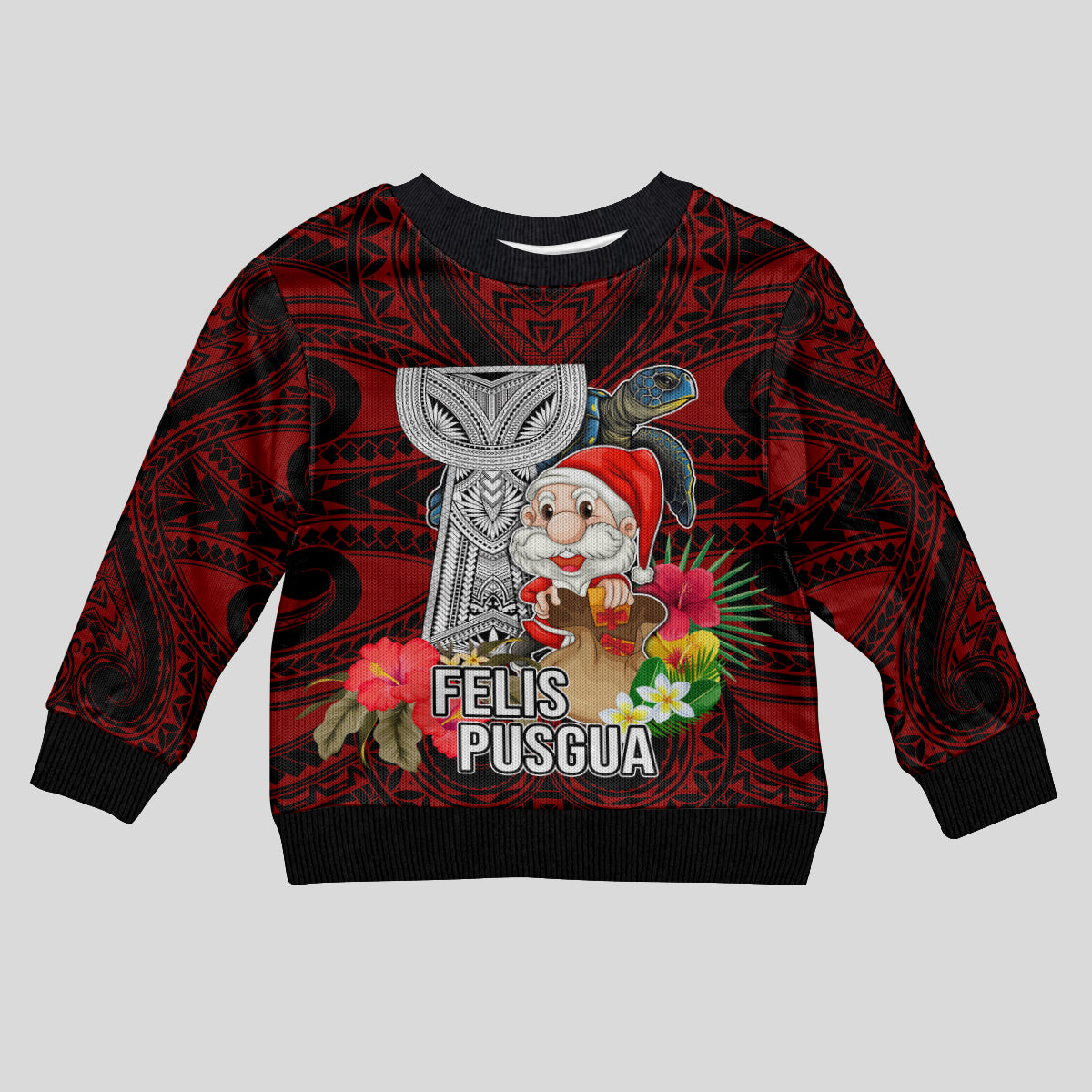 Custom Guam Christmas Kid Ugly Christmas Sweater Santa Gift Latte Stone and Sea Turle Mix Hibiscus Chamorro Red Style LT03 Kid Red - Polynesian Pride