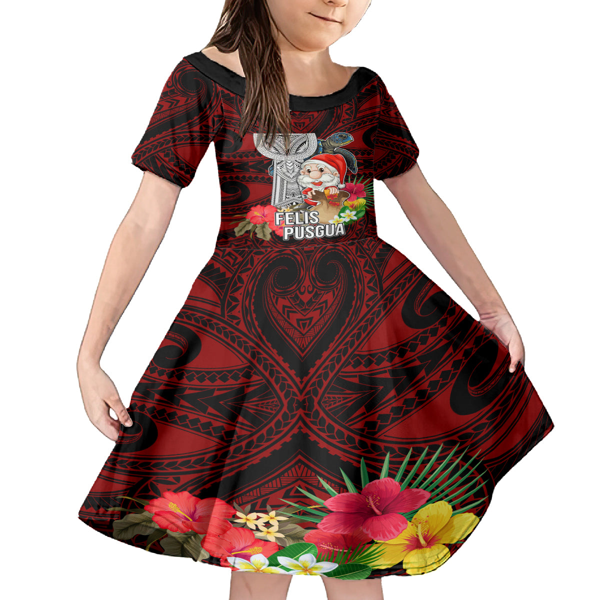 Custom Guam Christmas Kid Short Sleeve Dress Santa Gift Latte Stone and Sea Turle Mix Hibiscus Chamorro Red Style LT03 KID Red - Polynesian Pride