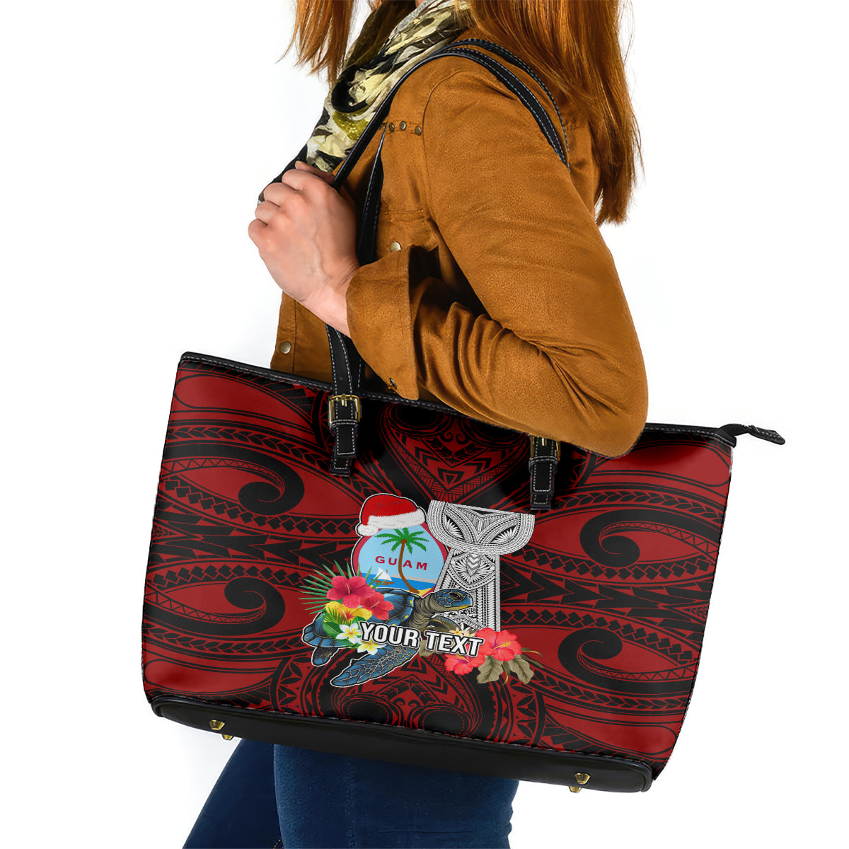 Custom Guam Christmas Leather Tote Bag Santa Gift Latte Stone and Sea Turle Mix Hibiscus Chamorro Red Style LT03 Red - Polynesian Pride