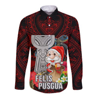 Custom Guam Christmas Long Sleeve Button Shirt Santa Gift Latte Stone and Sea Turle Mix Hibiscus Chamorro Red Style LT03 Unisex Red - Polynesian Pride