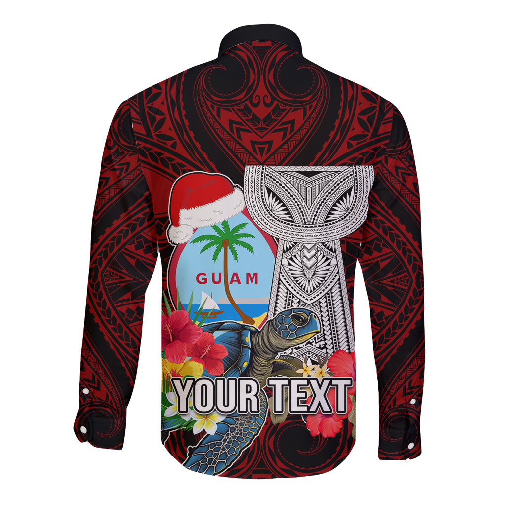 Custom Guam Christmas Long Sleeve Button Shirt Santa Gift Latte Stone and Sea Turle Mix Hibiscus Chamorro Red Style LT03 - Polynesian Pride