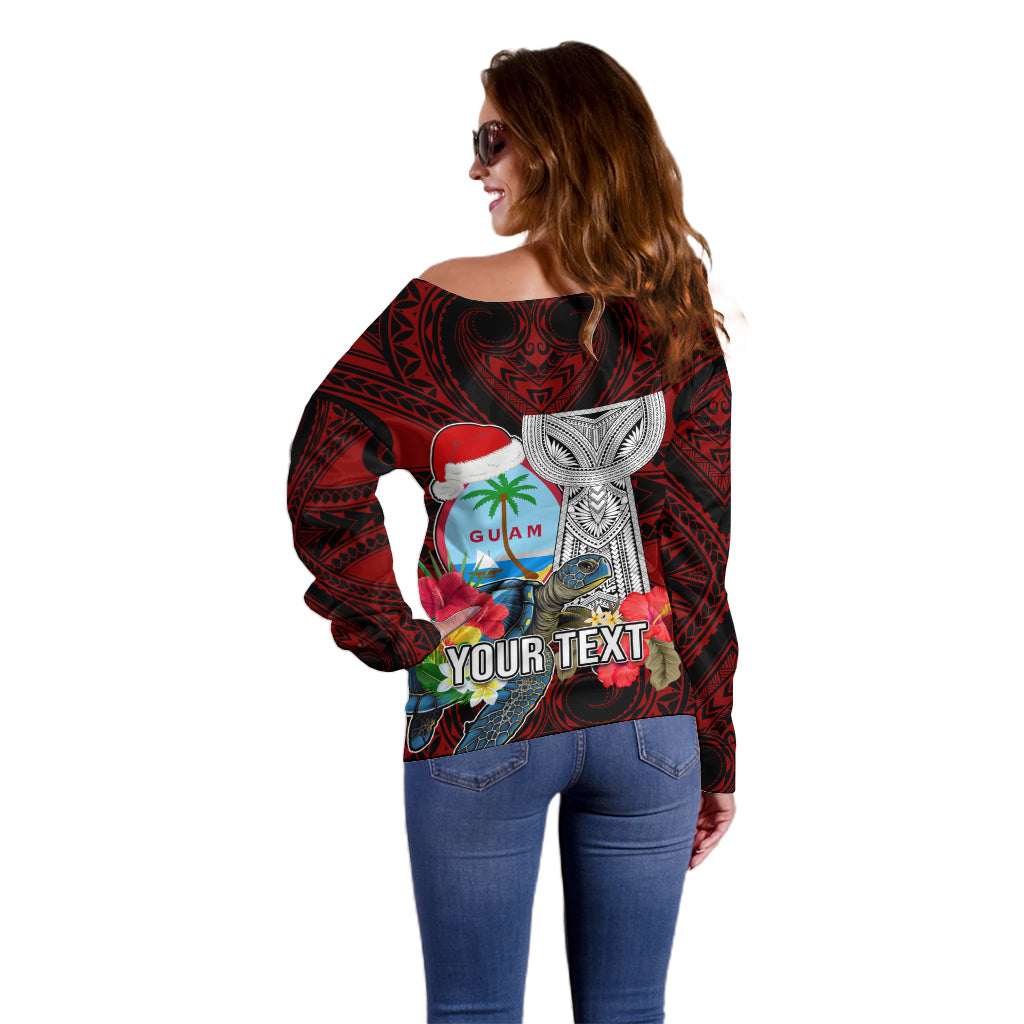Custom Guam Christmas Off Shoulder Sweater Santa Gift Latte Stone and Sea Turle Mix Hibiscus Chamorro Red Style LT03 - Polynesian Pride
